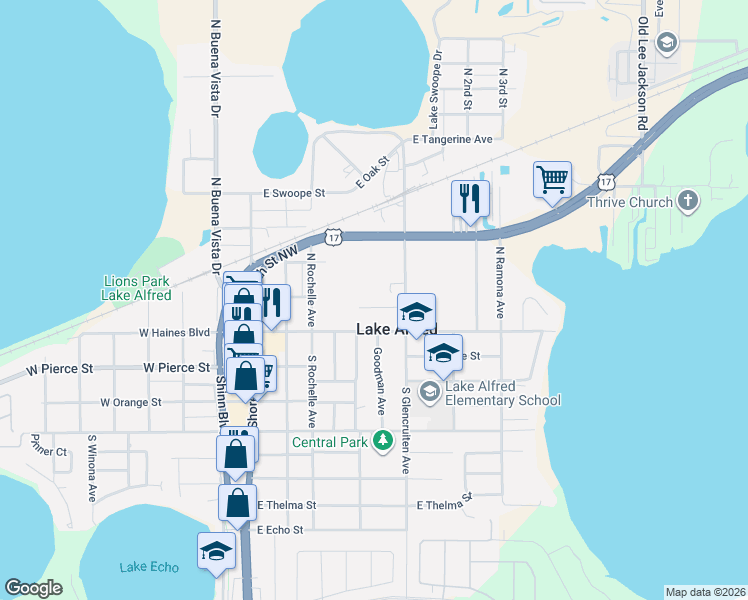 map of restaurants, bars, coffee shops, grocery stores, and more near 400 East Pomelo Street in Lake Alfred
