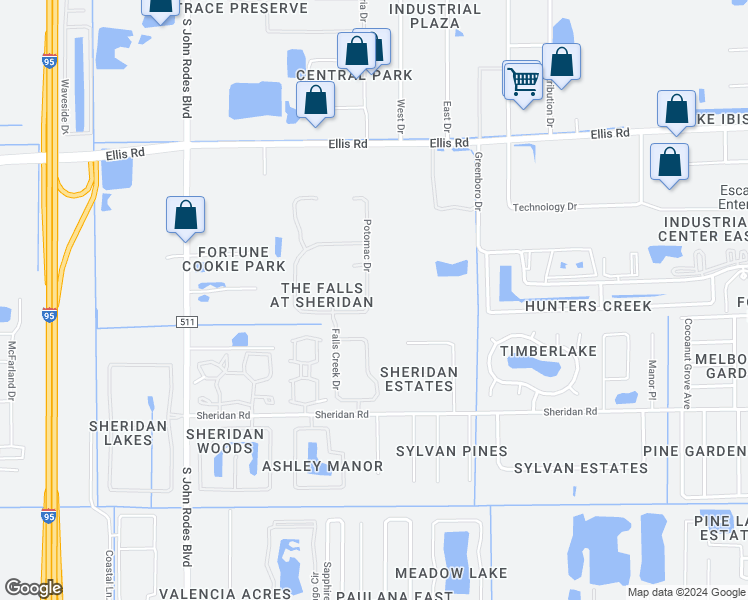 map of restaurants, bars, coffee shops, grocery stores, and more near 817 Potomac Drive in Melbourne
