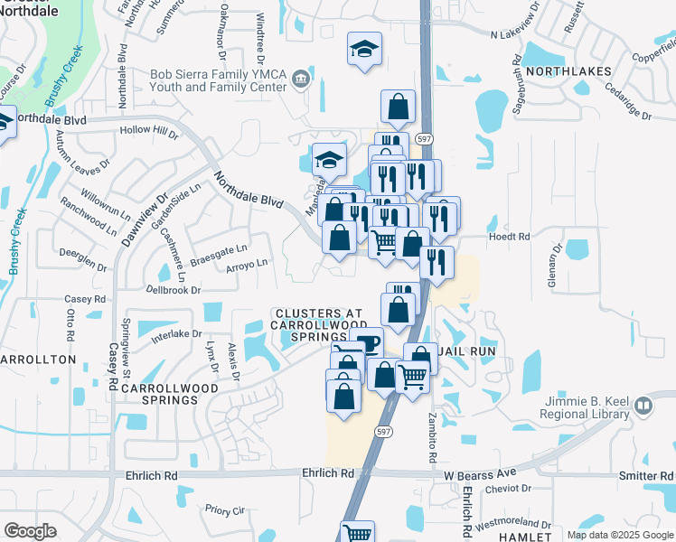 map of restaurants, bars, coffee shops, grocery stores, and more near 3820 Northdale Boulevard in Tampa
