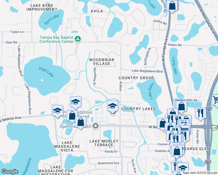 map of restaurants, bars, coffee shops, grocery stores, and more near 15404 Woodgreen Place in Tampa