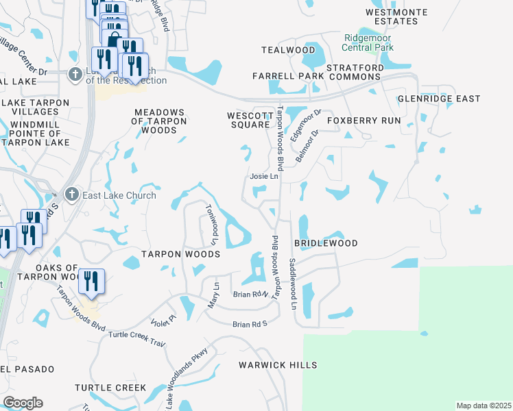 map of restaurants, bars, coffee shops, grocery stores, and more near 3505 Josie Lane in Palm Harbor