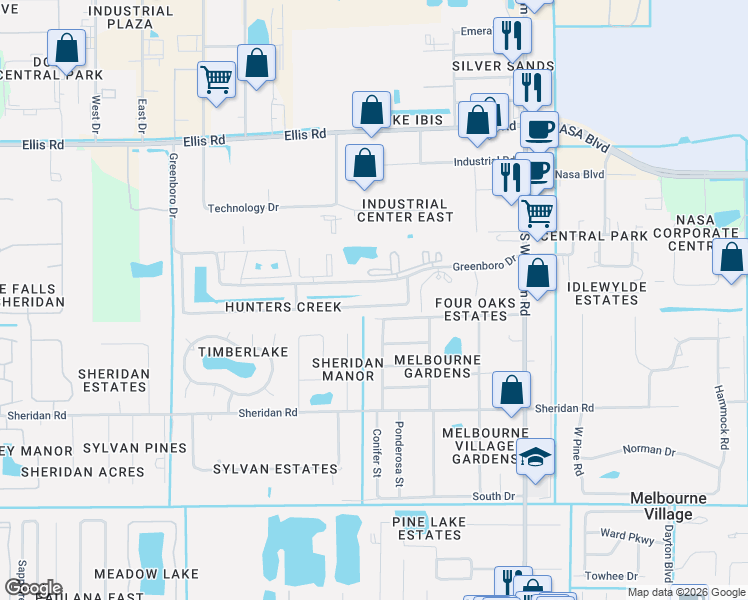 map of restaurants, bars, coffee shops, grocery stores, and more near 7675 Greenboro Drive in Melbourne