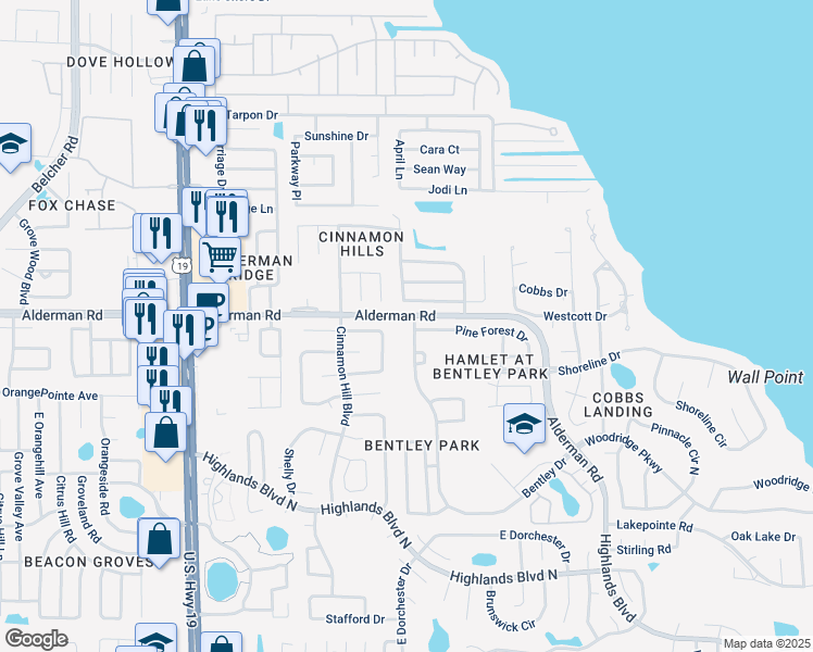 map of restaurants, bars, coffee shops, grocery stores, and more near 2724 Bentley Drive in Palm Harbor