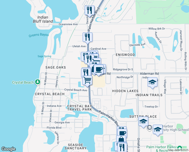 map of restaurants, bars, coffee shops, grocery stores, and more near 660 Alderman Road in Palm Harbor