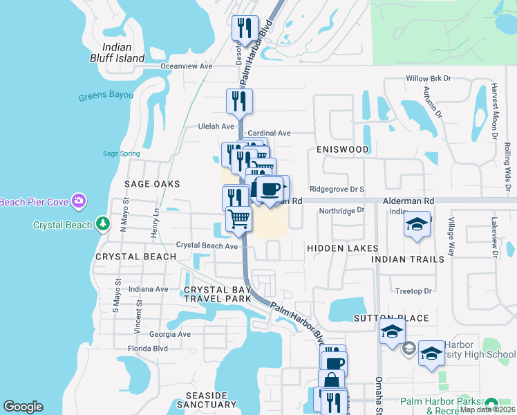 map of restaurants, bars, coffee shops, grocery stores, and more near 660 Alderman Road in Palm Harbor