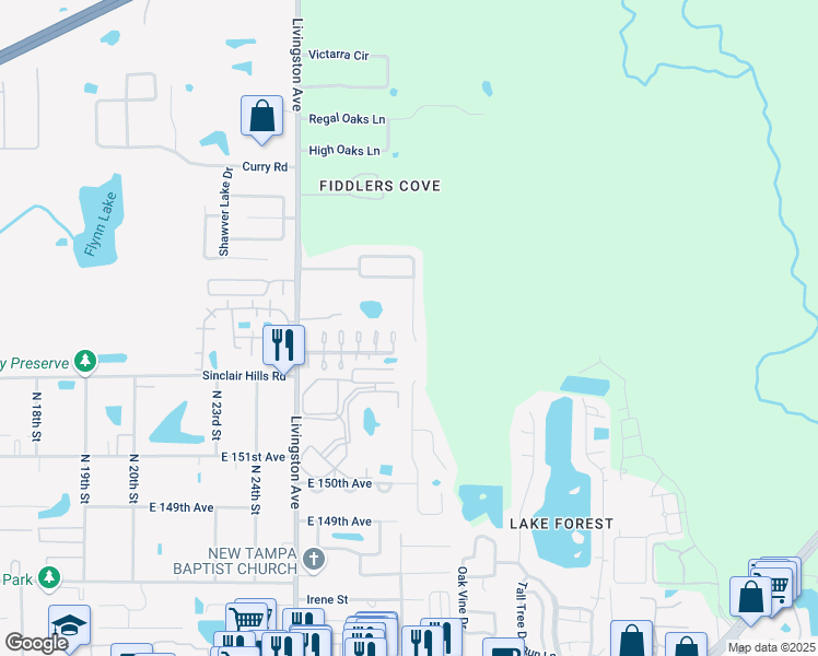 map of restaurants, bars, coffee shops, grocery stores, and more near 16103 Stags Leap Drive in Lutz