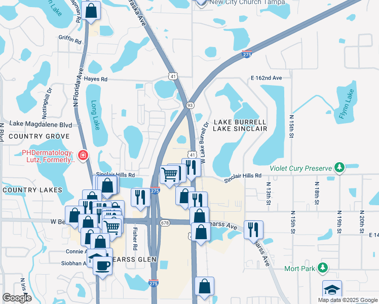 map of restaurants, bars, coffee shops, grocery stores, and more near 810 Clear Lane in Lutz