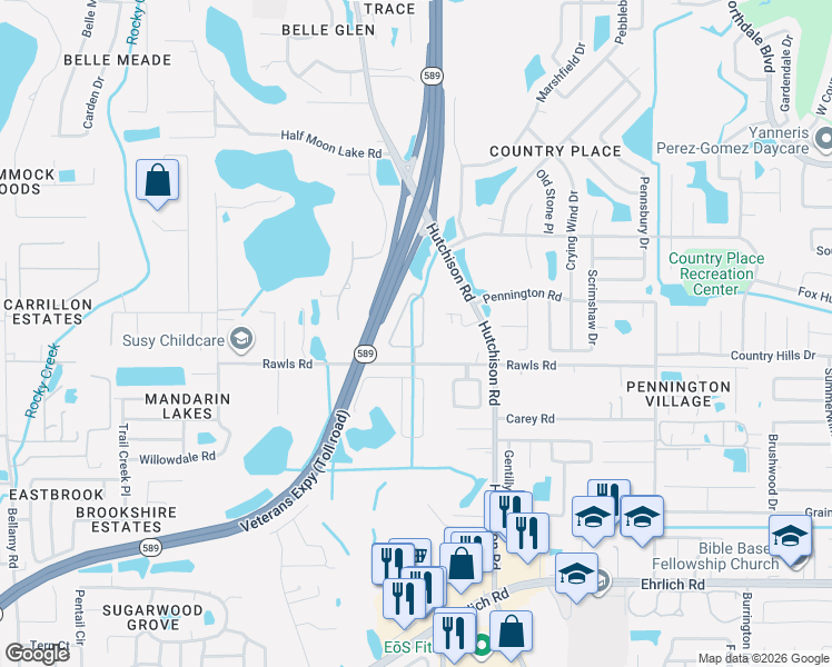 map of restaurants, bars, coffee shops, grocery stores, and more near 5431 Turtle Crossing Loop in Tampa