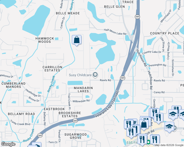 map of restaurants, bars, coffee shops, grocery stores, and more near 15619 Willowdale Road in Tampa