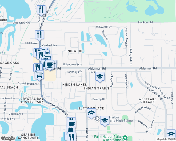 map of restaurants, bars, coffee shops, grocery stores, and more near 1303 Indian Trail North in Palm Harbor