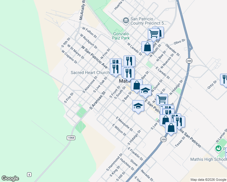 map of restaurants, bars, coffee shops, grocery stores, and more near 218 South Front Street in Mathis