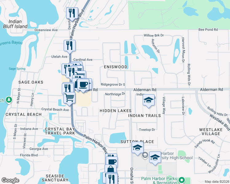 map of restaurants, bars, coffee shops, grocery stores, and more near 1039 Northridge Drive in Palm Harbor