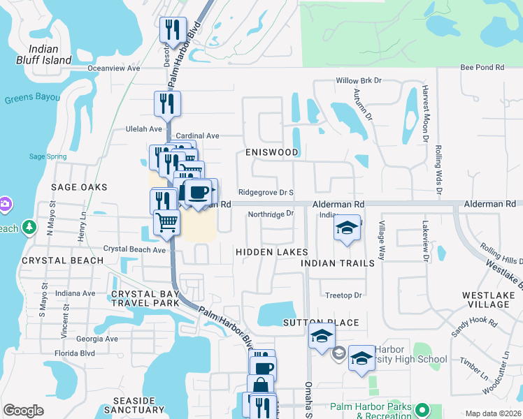 map of restaurants, bars, coffee shops, grocery stores, and more near 989 Northridge Drive in Palm Harbor
