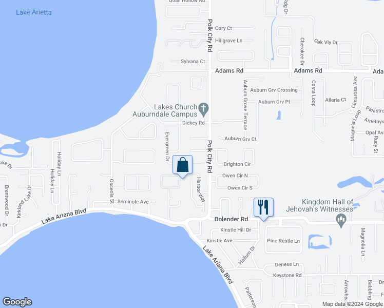 map of restaurants, bars, coffee shops, grocery stores, and more near 113 Keith Court in Auburndale