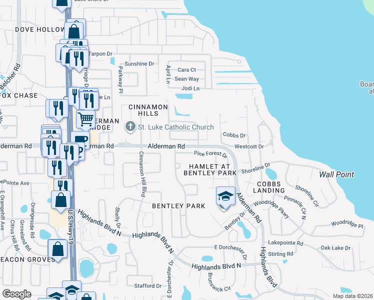 map of restaurants, bars, coffee shops, grocery stores, and more near 3045 Pine Forest Drive in Palm Harbor