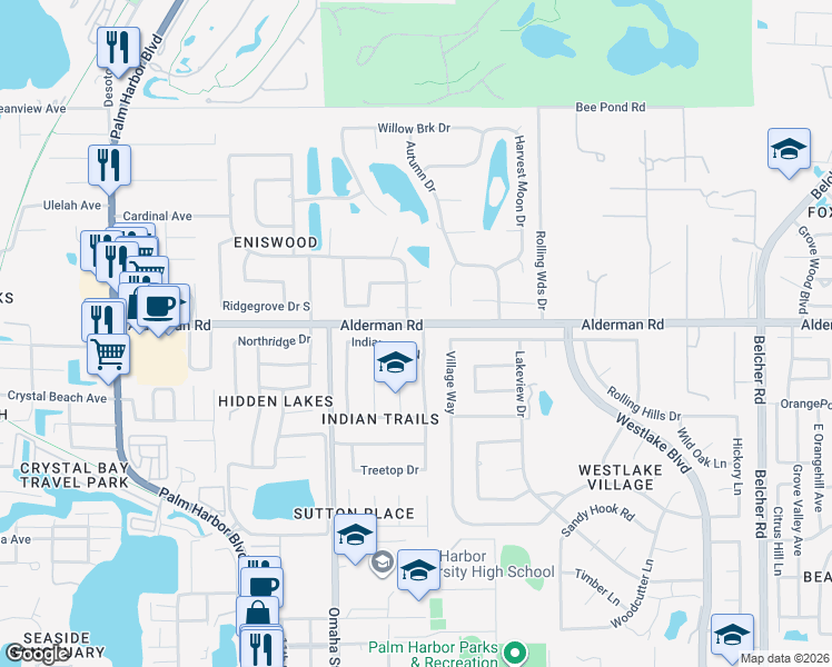 map of restaurants, bars, coffee shops, grocery stores, and more near 2494 Indian Trail North in Palm Harbor