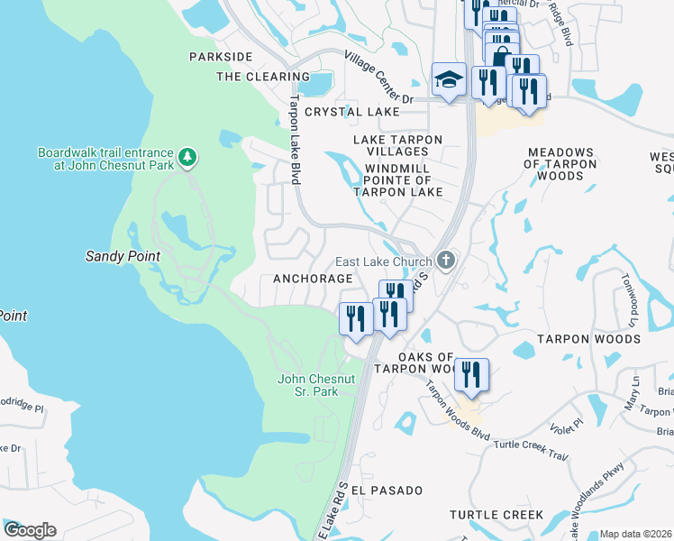 map of restaurants, bars, coffee shops, grocery stores, and more near 2309 Forecastle Drive in Palm Harbor