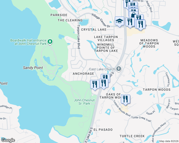 map of restaurants, bars, coffee shops, grocery stores, and more near 2309 Forecastle Drive in Palm Harbor