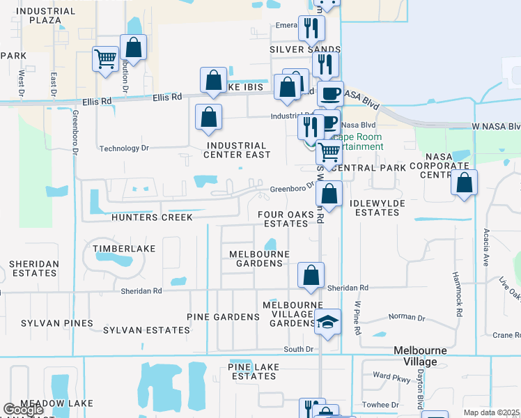 map of restaurants, bars, coffee shops, grocery stores, and more near 7201 Greenboro Drive in West Melbourne