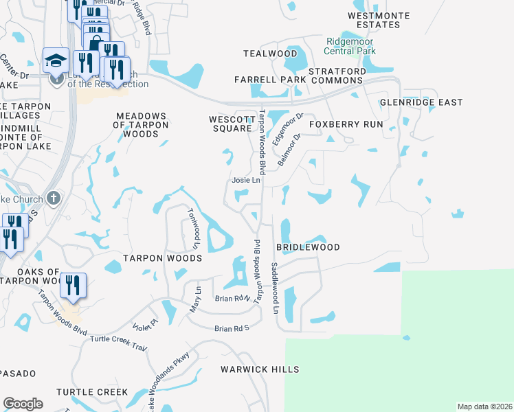 map of restaurants, bars, coffee shops, grocery stores, and more near 3505 Tarpon Woods Boulevard in Palm Harbor