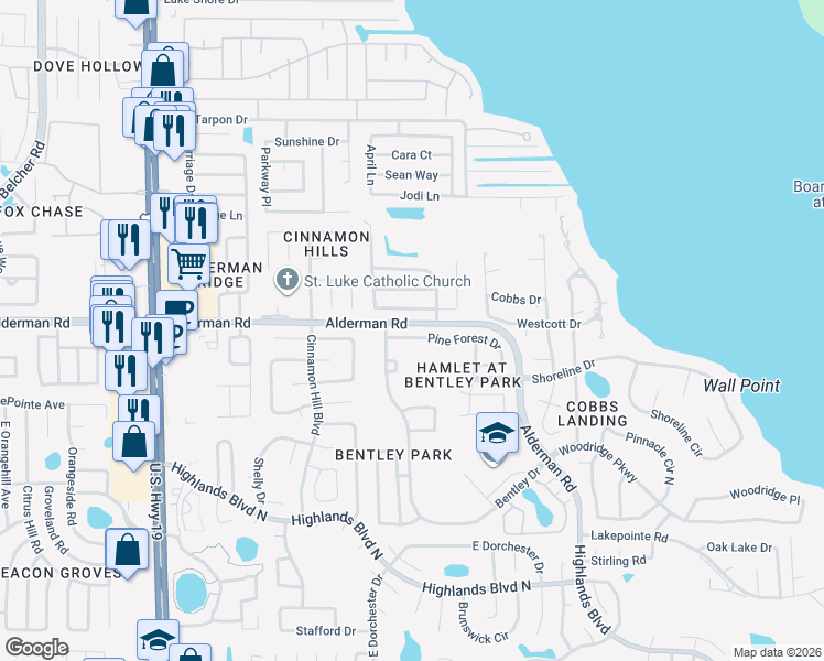 map of restaurants, bars, coffee shops, grocery stores, and more near 3045 Pine Forest Drive in Palm Harbor