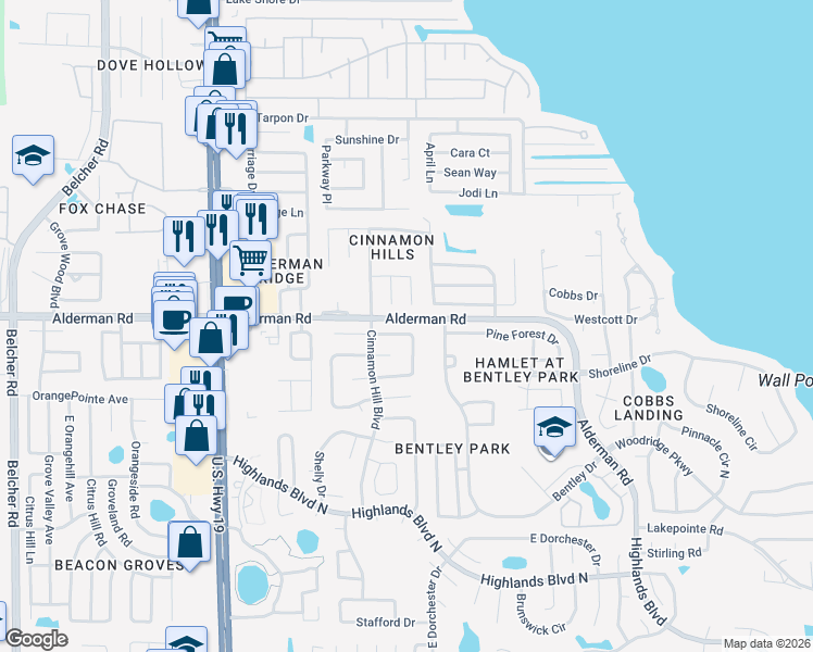 map of restaurants, bars, coffee shops, grocery stores, and more near 2848 Thistle Court East in Palm Harbor