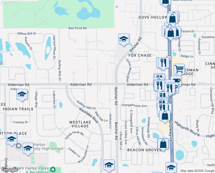 map of restaurants, bars, coffee shops, grocery stores, and more near 2050 Alderman Road in Palm Harbor