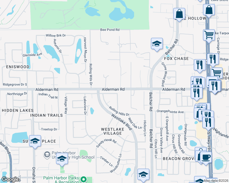 map of restaurants, bars, coffee shops, grocery stores, and more near 45 Pinewood Terrace East in Palm Harbor