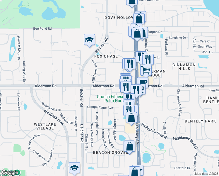 map of restaurants, bars, coffee shops, grocery stores, and more near 2747 Summit Street in Palm Harbor