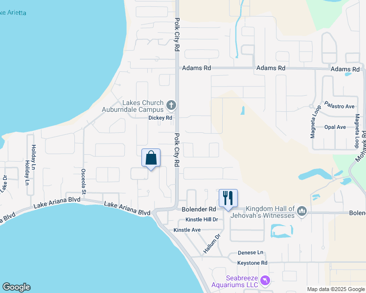 map of restaurants, bars, coffee shops, grocery stores, and more near 102 Brighton Way in Auburndale