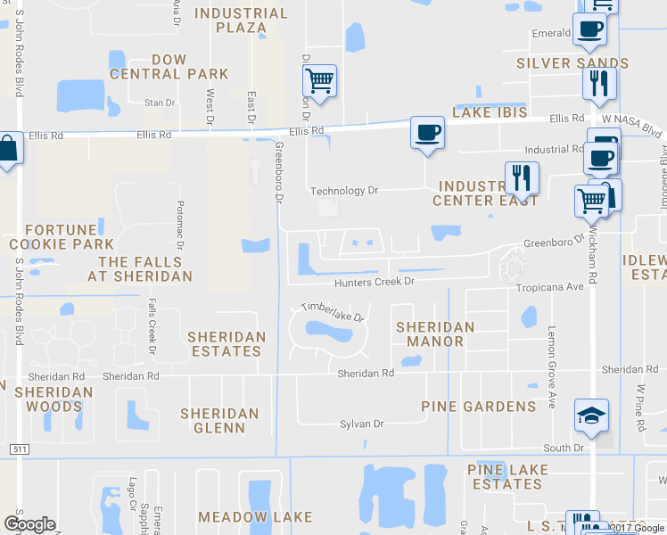 map of restaurants, bars, coffee shops, grocery stores, and more near 7729 Greenboro Drive in Melbourne