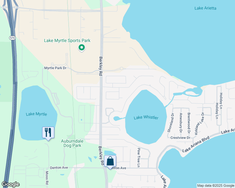 map of restaurants, bars, coffee shops, grocery stores, and more near 604 Willet Circle in Auburndale