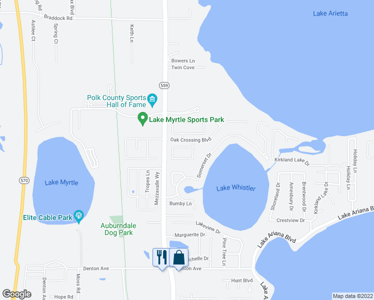 map of restaurants, bars, coffee shops, grocery stores, and more near 600 Willet Circle in Auburndale