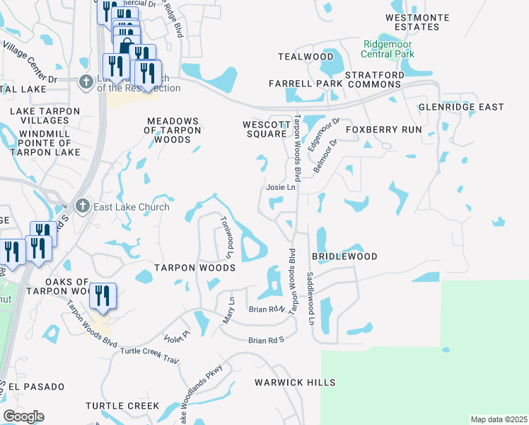 map of restaurants, bars, coffee shops, grocery stores, and more near 3505 Josie Lane in Palm Harbor