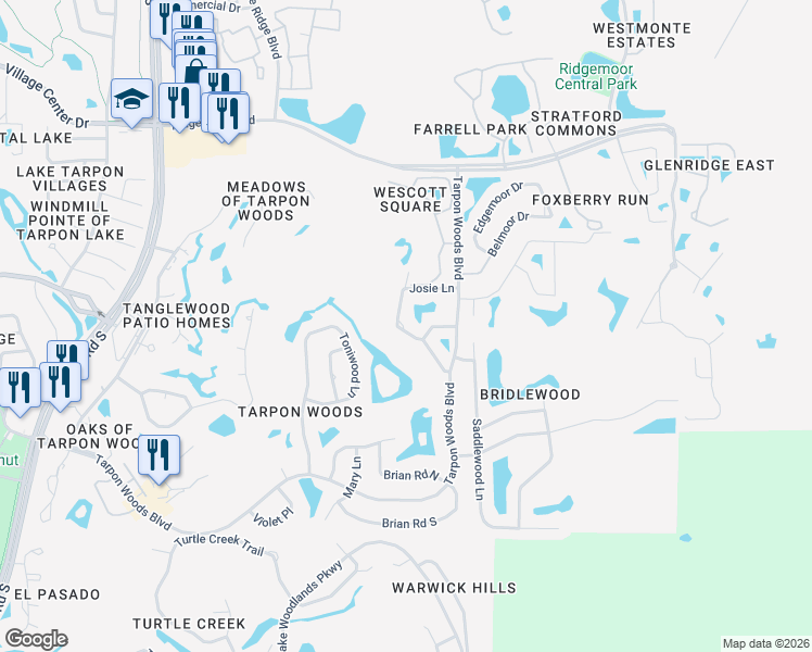 map of restaurants, bars, coffee shops, grocery stores, and more near 3505 Tarpon Woods Boulevard in Palm Harbor