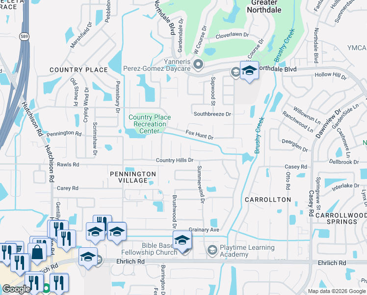 map of restaurants, bars, coffee shops, grocery stores, and more near 15709 Warbler Place in Tampa
