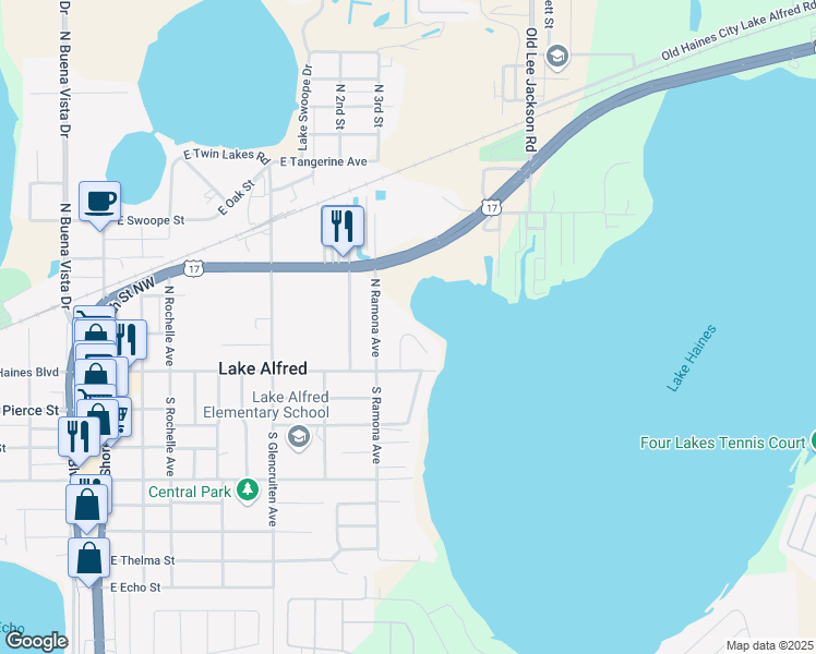 map of restaurants, bars, coffee shops, grocery stores, and more near 150 Hainesport Drive in Lake Alfred