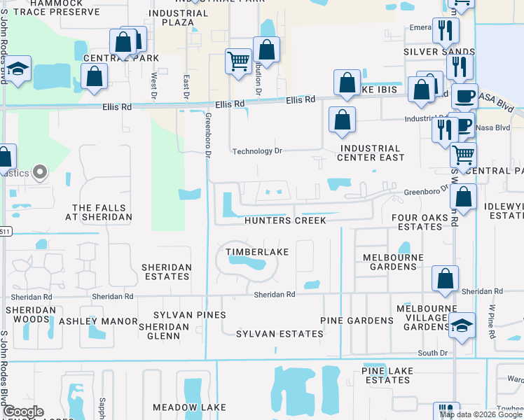 map of restaurants, bars, coffee shops, grocery stores, and more near 7729 Greenboro Drive in Melbourne