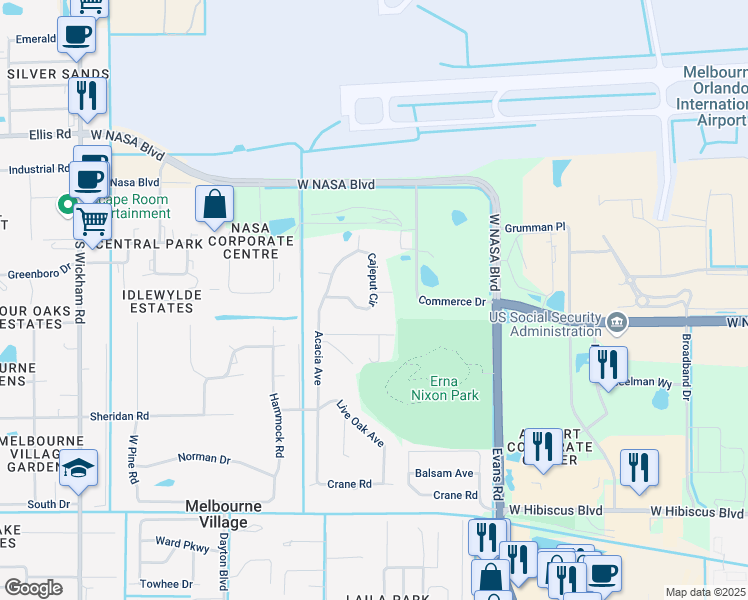 map of restaurants, bars, coffee shops, grocery stores, and more near 5527 Cajeput Court in Melbourne