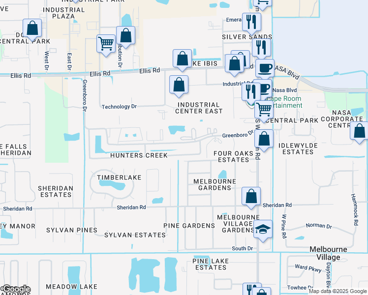 map of restaurants, bars, coffee shops, grocery stores, and more near 7675 Greenboro Drive in Melbourne