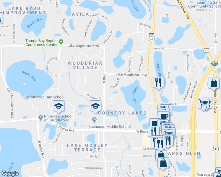 map of restaurants, bars, coffee shops, grocery stores, and more near 15411 Stonecreek Lane in Tampa