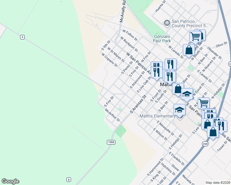 map of restaurants, bars, coffee shops, grocery stores, and more near 501 West Wilson Street in Mathis