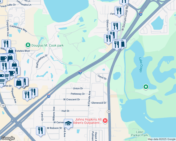 map of restaurants, bars, coffee shops, grocery stores, and more near 249 Carpenters Way in Lakeland