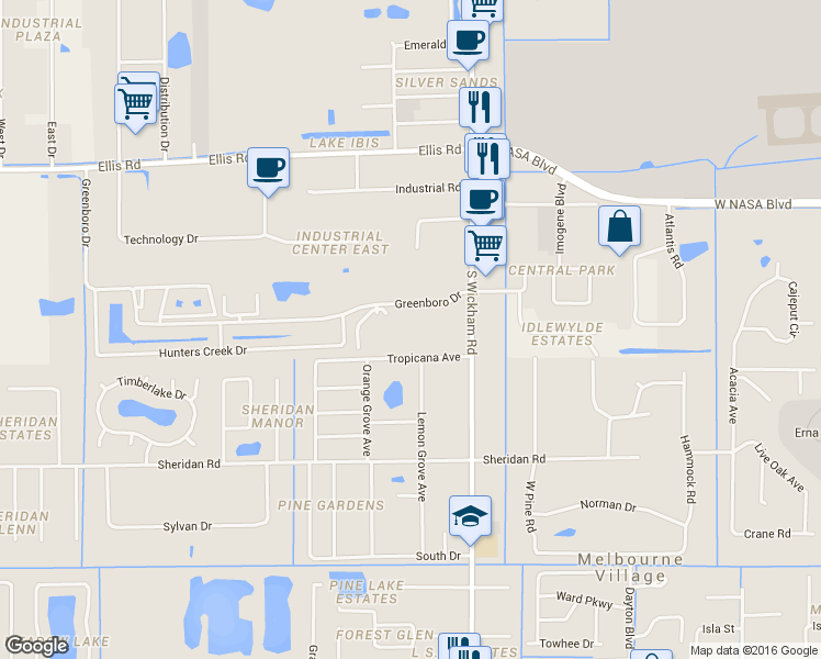 map of restaurants, bars, coffee shops, grocery stores, and more near 7199 Greenboro Drive in West Melbourne