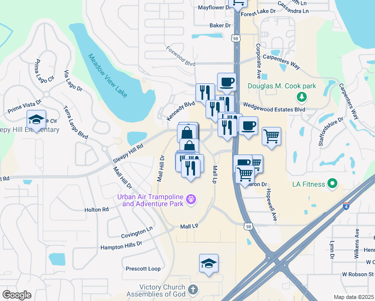 map of restaurants, bars, coffee shops, grocery stores, and more near 3800 US Highway 98 North in Lakeland