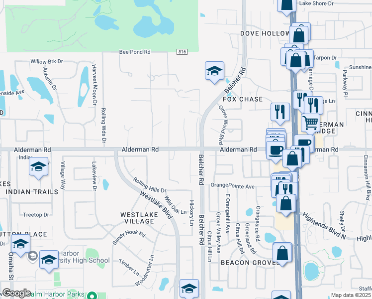 map of restaurants, bars, coffee shops, grocery stores, and more near 2050 Alderman Road in Palm Harbor