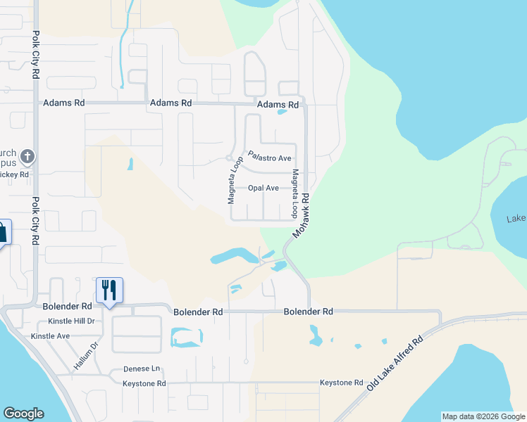 map of restaurants, bars, coffee shops, grocery stores, and more near 106 Rudy Street in Auburndale