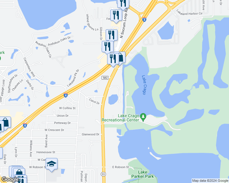 map of restaurants, bars, coffee shops, grocery stores, and more near in Lakeland