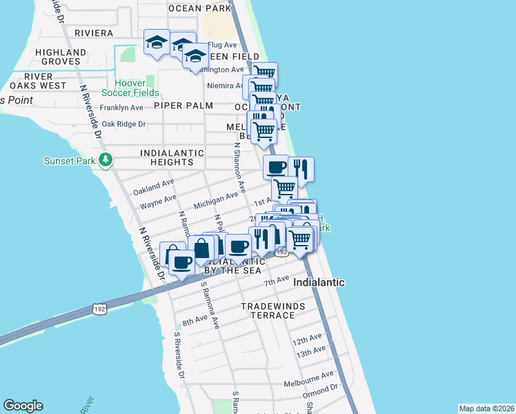 map of restaurants, bars, coffee shops, grocery stores, and more near 133 1st Avenue in Indialantic