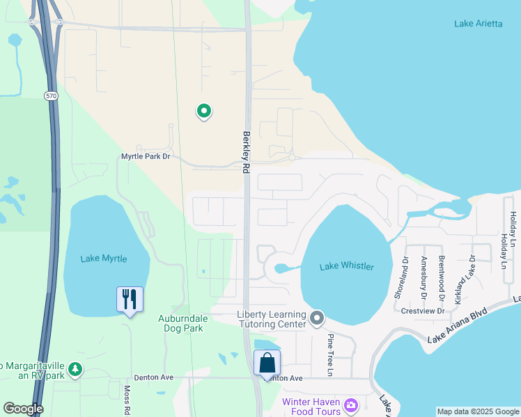 map of restaurants, bars, coffee shops, grocery stores, and more near 588 Willet Circle in Auburndale